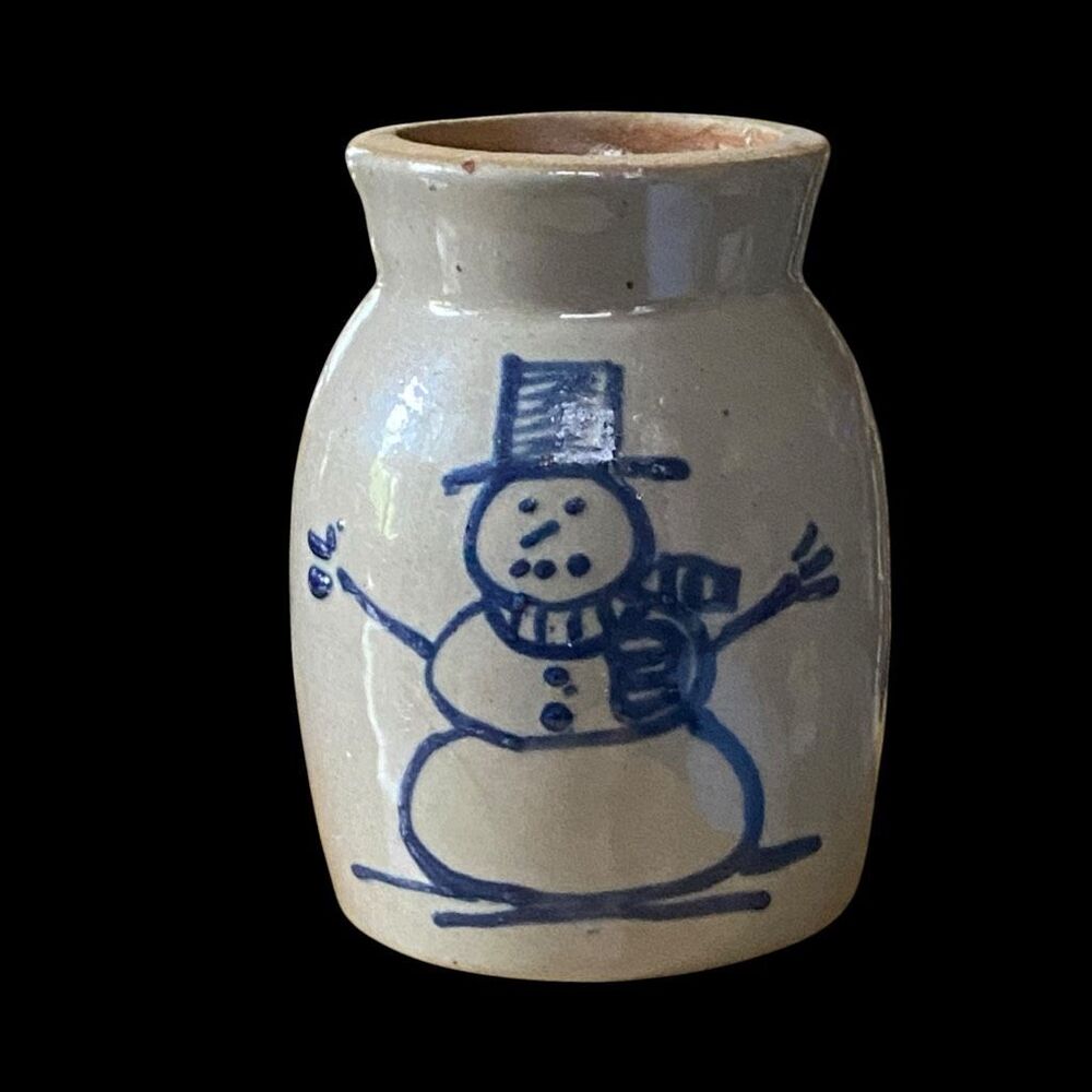 Vintage BBP Beaumont Brothers Pottery Salt Glaze Tiny Crock Snowman Christmas